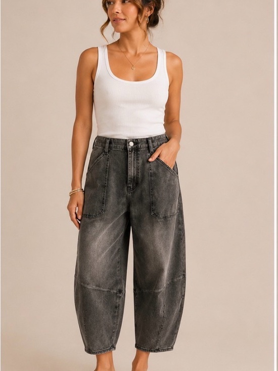 easel Denim - Easel Washed Black Barrel Jeans | Boho Utility Balloon Leg Denim Pants waist 19’